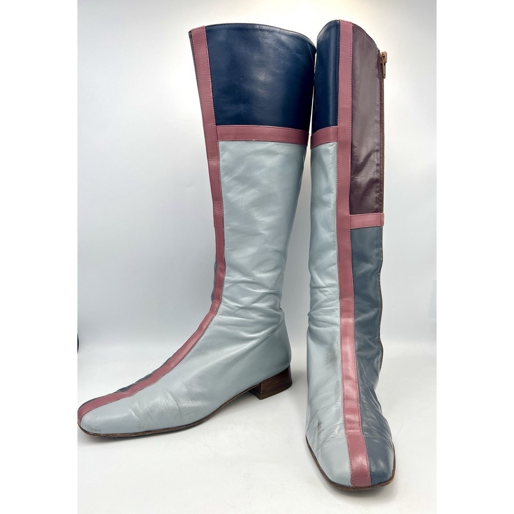Vintage‎ Valentino Garavani Women's Calfskin Boots 39 Color-Block Grey Navy OOAK